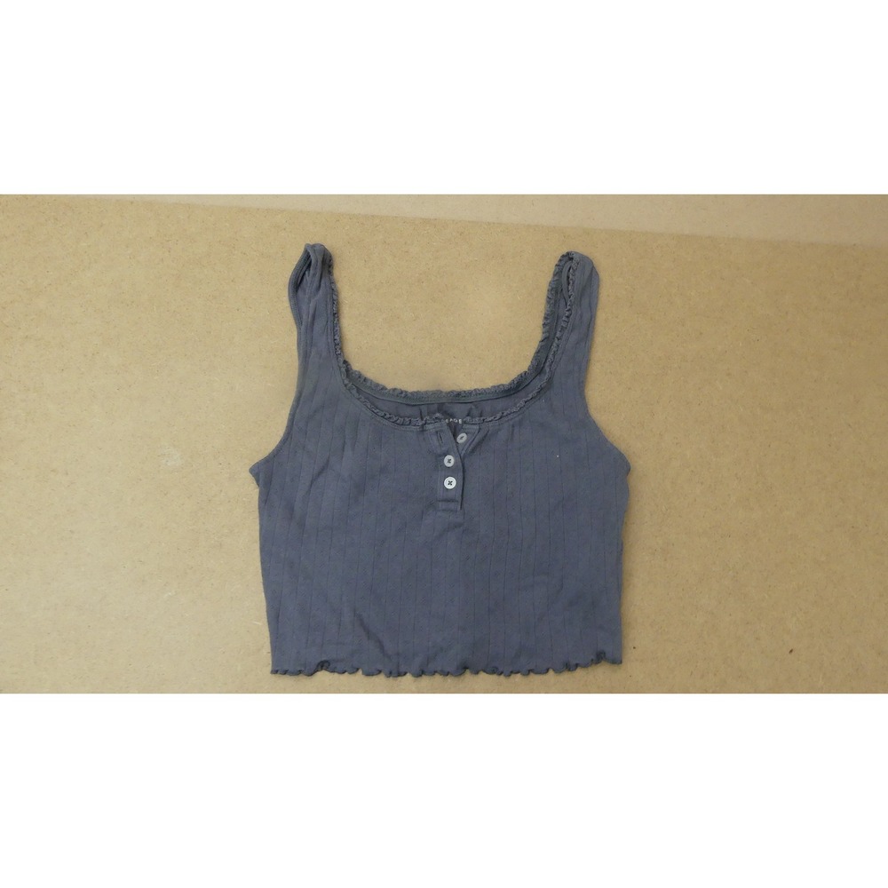 American Eagle Tank Top Womens Medium Gray Ribbed Lettuce Trim Henley 1764